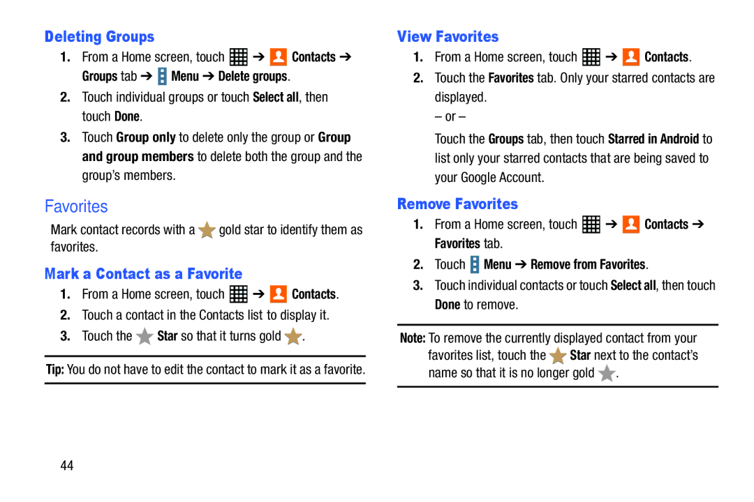 Samsung SM-T520NZWAXAR, SM-T520NZKAXAR Deleting Groups, Mark a Contact as a Favorite, View Favorites, Remove Favorites 