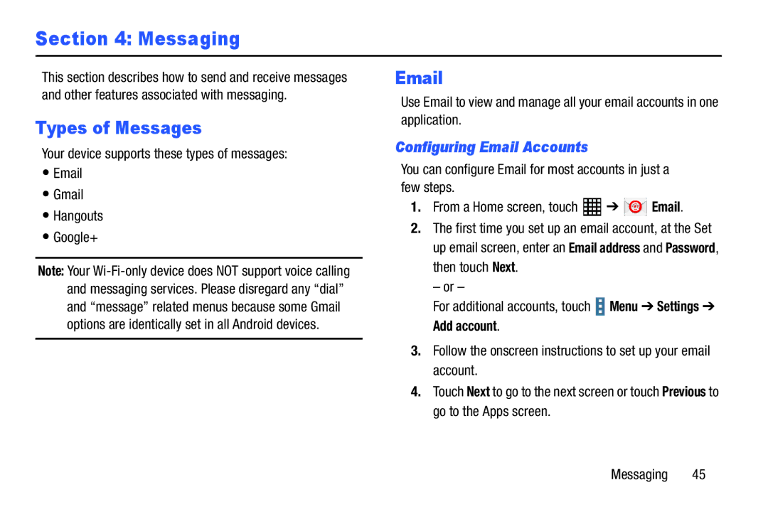 Samsung SM-T520NZKAXAR, SM-T520NZWAXAR user manual Messaging, Types of Messages, Configuring Email Accounts 