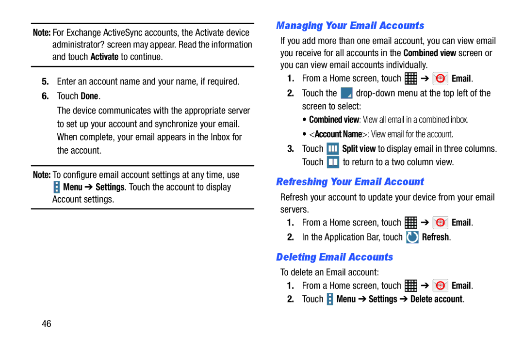 Samsung SM-T520NZWAXAR user manual Managing Your Email Accounts, Refreshing Your Email Account, Deleting Email Accounts 