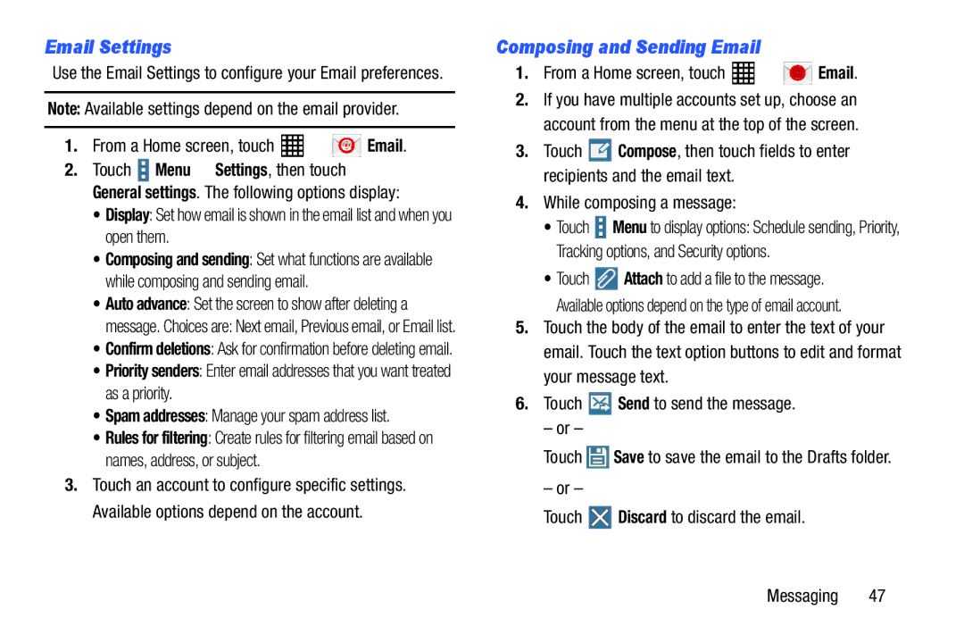 Samsung SM-T520NZKAXAR, SM-T520NZWAXAR user manual Email Settings, Composing and Sending Email, While composing a message 