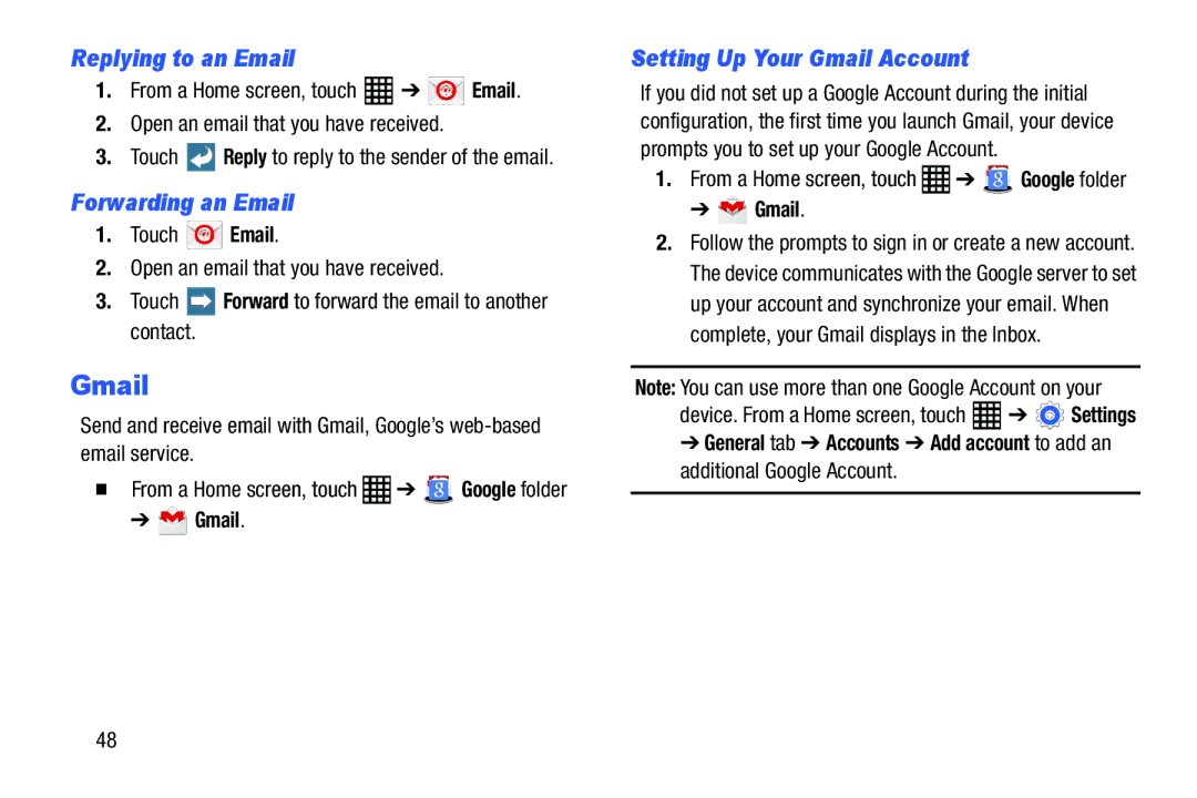 Samsung SM-T520NZWAXAR, SM-T520NZKAXAR Replying to an Email, Forwarding an Email, Setting Up Your Gmail Account 