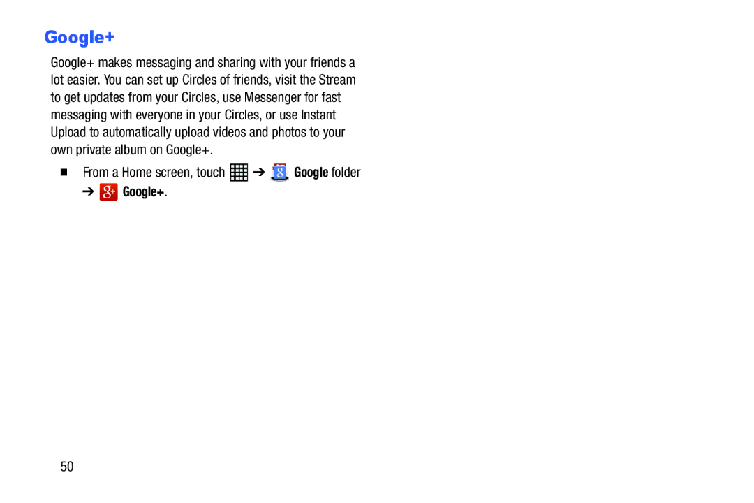 Samsung SM-T520NZWAXAR, SM-T520NZKAXAR user manual Google+, From a Home screen, touch Google folder 