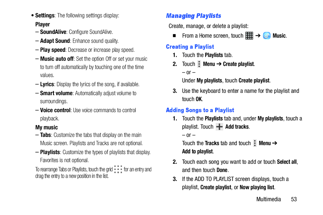 Samsung SM-T520NZKAXAR Managing Playlists, Player, Creating a Playlist, Adding Songs to a Playlist, Add to playlist 