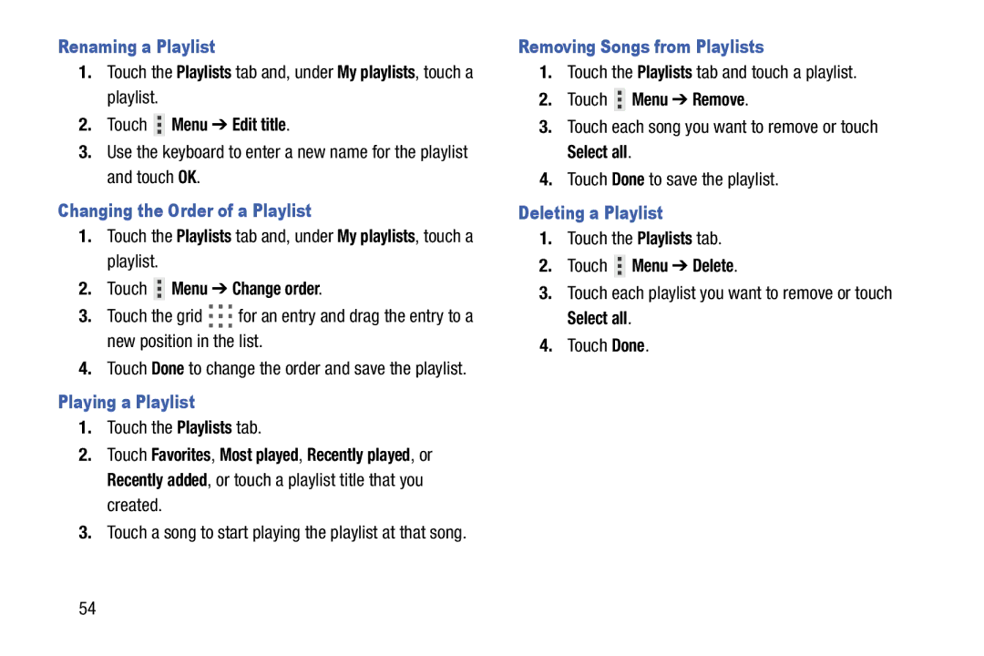 Samsung SM-T520NZWAXAR Renaming a Playlist, Changing the Order of a Playlist, Playing a Playlist, Deleting a Playlist 