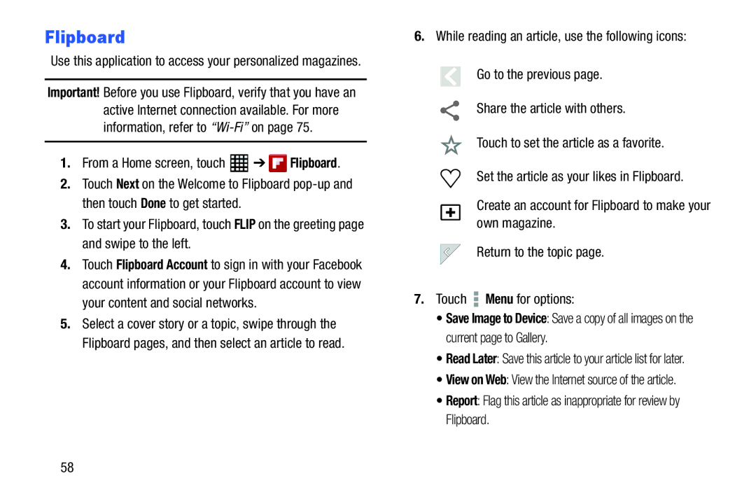 Samsung SM-T520NZWAXAR, SM-T520NZKAXAR user manual Flipboard, Use this application to access your personalized magazines 