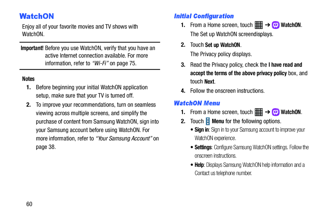 Samsung SM-T520NZWAXAR, SM-T520NZKAXAR user manual Initial Configuration, WatchON Menu 