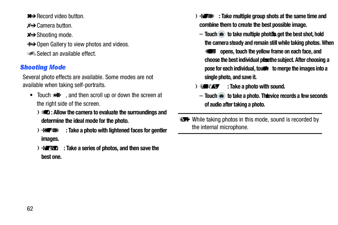 Samsung SM-T520NZWAXAR, SM-T520NZKAXAR user manual Shooting Mode, Sound & shot Take a photo with sound 