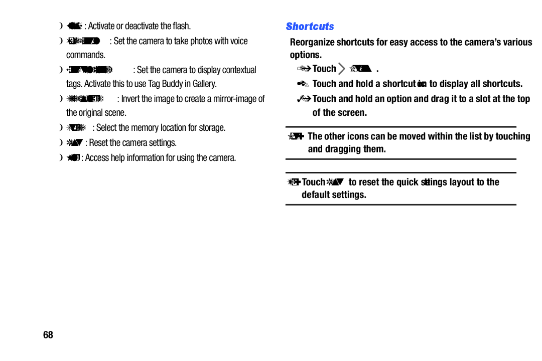 Samsung SM-T520NZWAXAR, SM-T520NZKAXAR user manual Shortcuts, Reset Reset the camera settings, Touch Options 