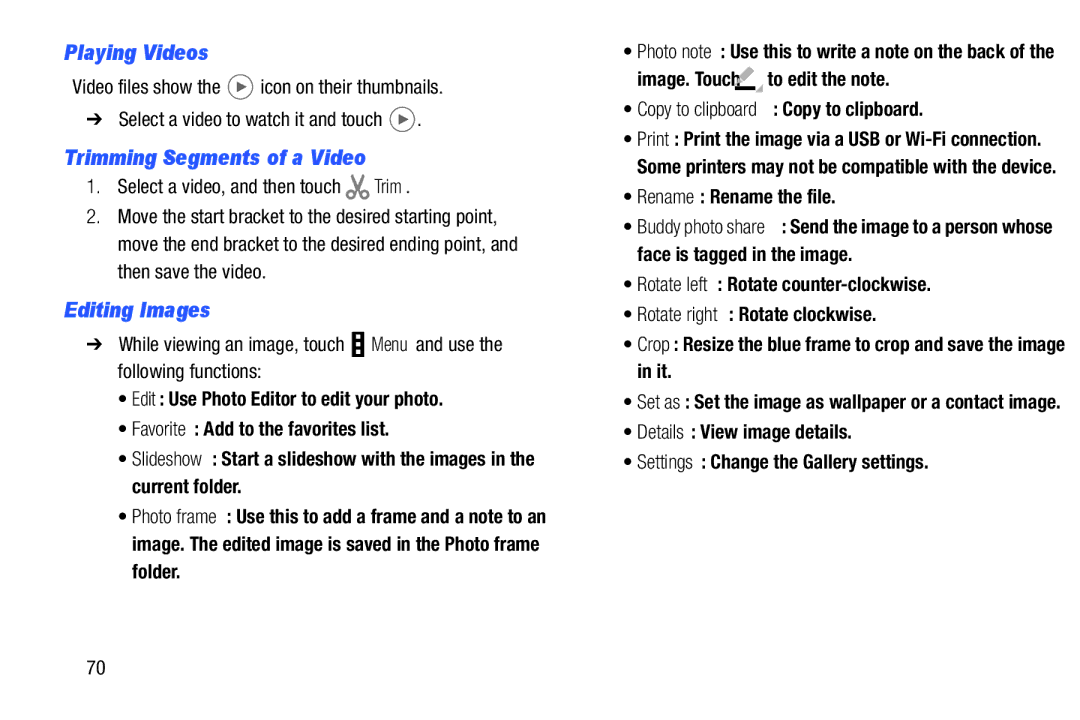 Samsung SM-T520NZWAXAR, SM-T520NZKAXAR user manual Playing Videos, Trimming Segments of a Video, Editing Images 