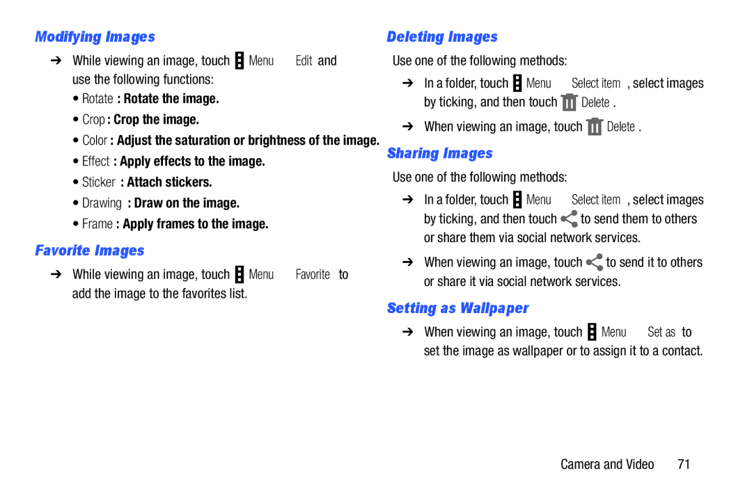 Samsung SM-T520NZKAXAR user manual Modifying Images, Favorite Images, Deleting Images, Sharing Images, Setting as Wallpaper 