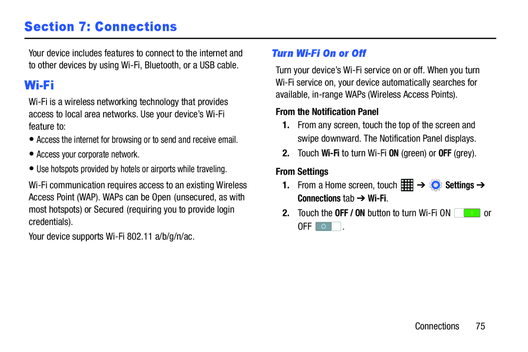 Samsung SM-T520NZKAXAR, SM-T520NZWAXAR Connections, Turn Wi-Fi On or Off, From the Notification Panel, From Settings 