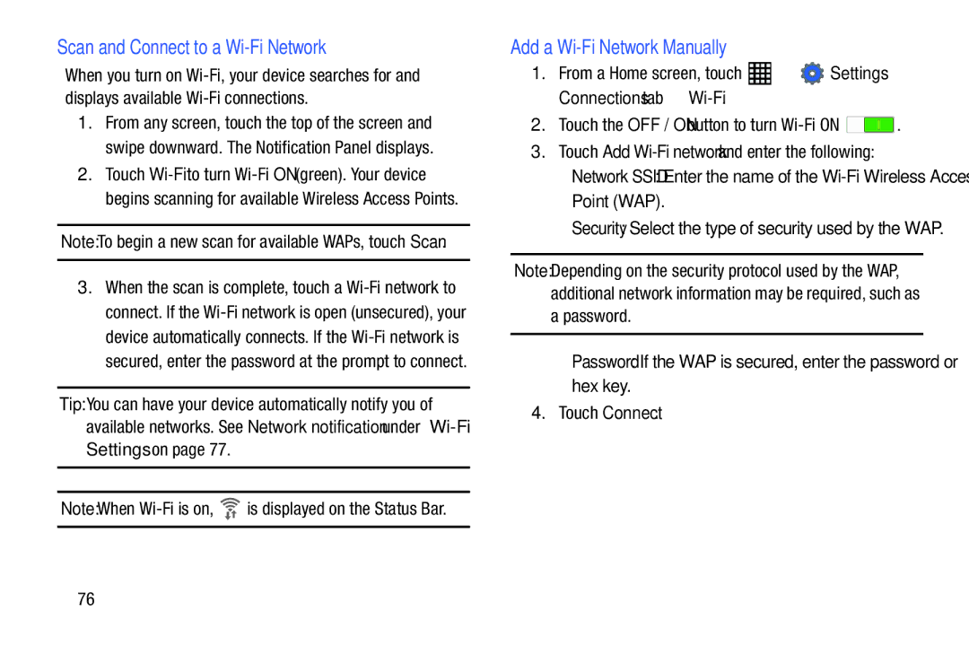 Samsung SM-T520NZWAXAR, SM-T520NZKAXAR user manual Scan and Connect to a Wi-Fi Network, Add a Wi-Fi Network Manually 