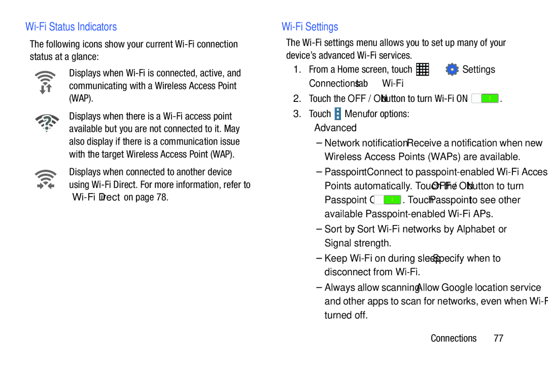 Samsung SM-T520NZKAXAR, SM-T520NZWAXAR user manual Wi-Fi Status Indicators, Wi-Fi Settings, Advanced, Connections 