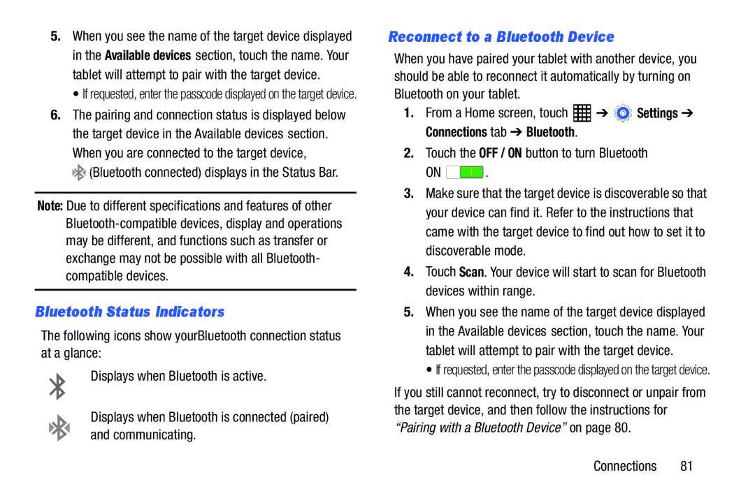 Samsung SM-T520NZKAXAR, SM-T520NZWAXAR user manual Bluetooth Status Indicators, Reconnect to a Bluetooth Device 