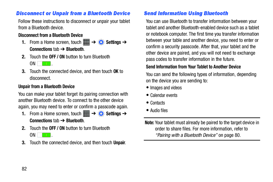 Samsung SM-T520NZWAXAR, SM-T520NZKAXAR user manual Send Information Using Bluetooth, Disconnect from a Bluetooth Device 