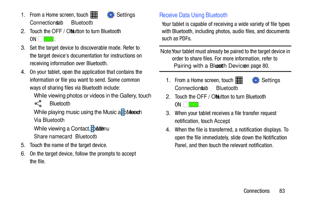 Samsung SM-T520NZKAXAR Connections tab Bluetooth, Ways of sharing files via Bluetooth include, Menu, Via Bluetooth 