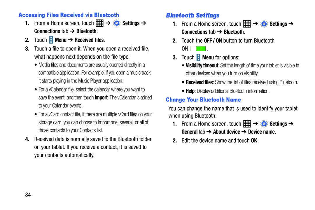 Samsung SM-T520NZWAXAR user manual Bluetooth Settings, Accessing Files Received via Bluetooth, Touch Menu Received files 