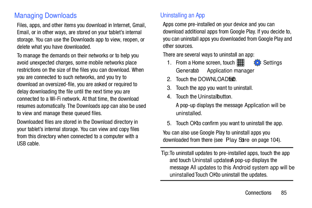 Samsung SM-T520NZKAXAR, SM-T520NZWAXAR user manual Managing Downloads, Uninstalling an App 