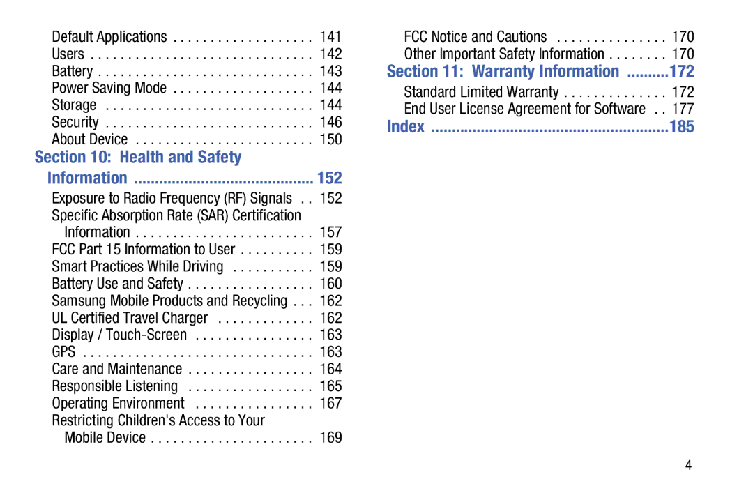 Samsung SM-T520NZKAXAR, SM-T520NZWAXAR user manual Health and Safety, 152, Warranty Information 172, 177, 185 