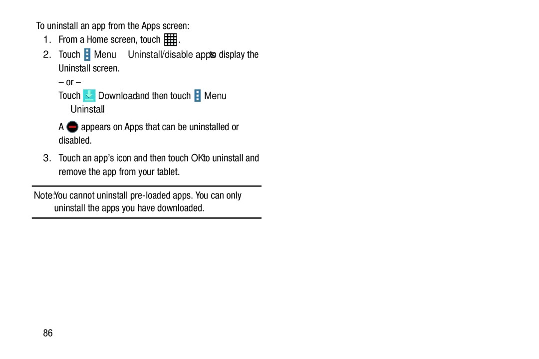 Samsung SM-T520NZWAXAR, SM-T520NZKAXAR user manual To uninstall an app from the Apps screen, Uninstall screen Touch 