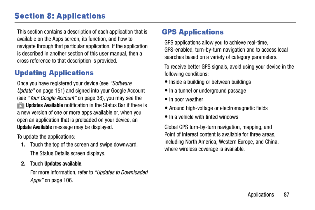 Samsung SM-T520NZKAXAR, SM-T520NZWAXAR user manual Updating Applications, GPS Applications, Touch Updates available 