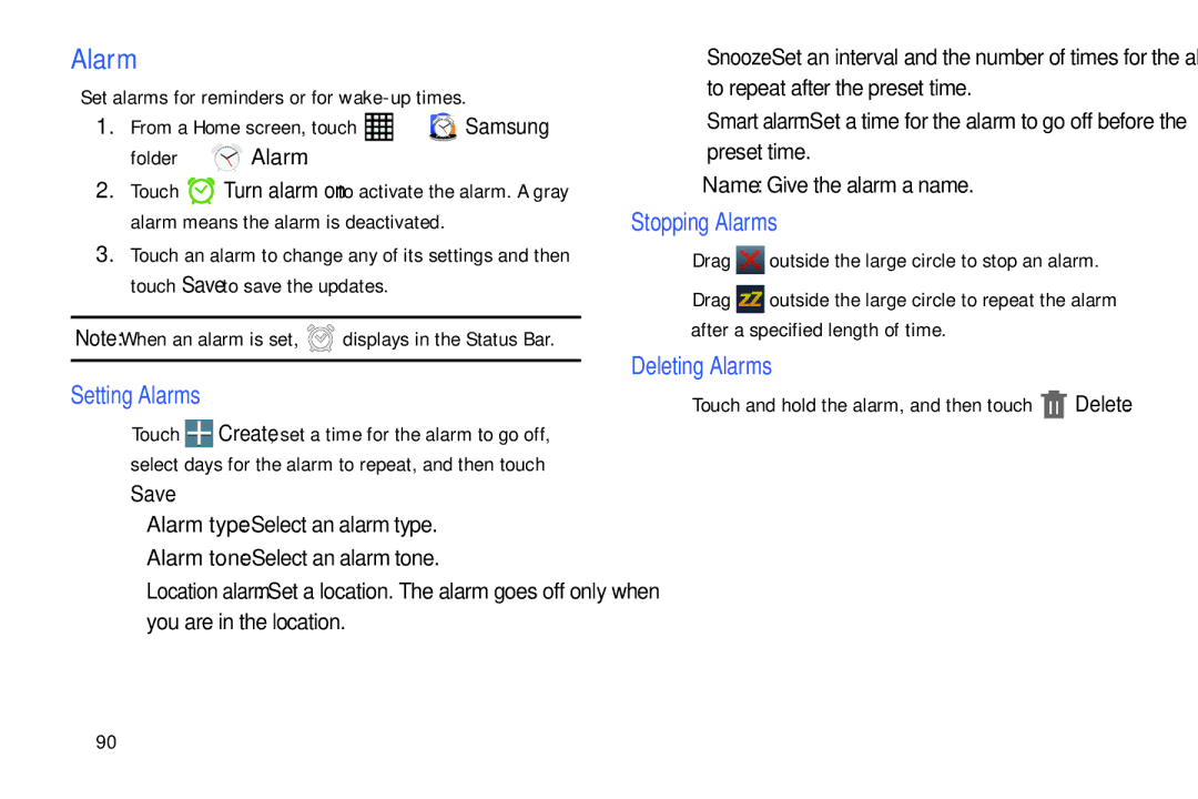 Samsung SM-T520NZWAXAR, SM-T520NZKAXAR user manual Setting Alarms, Stopping Alarms, Deleting Alarms, Save 