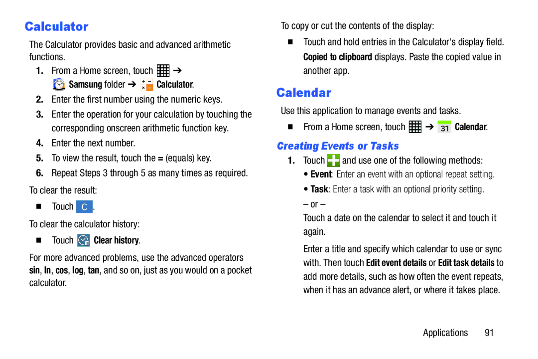 Samsung SM-T520NZKAXAR user manual Calendar, Creating Events or Tasks, Samsung folder Calculator, Touch Clear history 