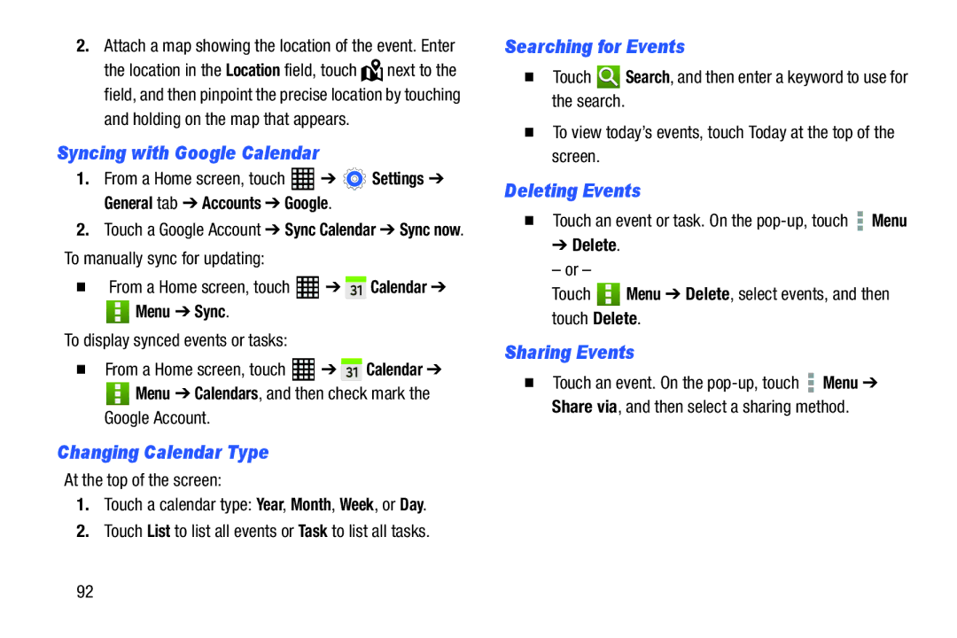 Samsung SM-T520NZWAXAR, SM-T520NZKAXAR Syncing with Google Calendar Searching for Events, Deleting Events, Sharing Events 