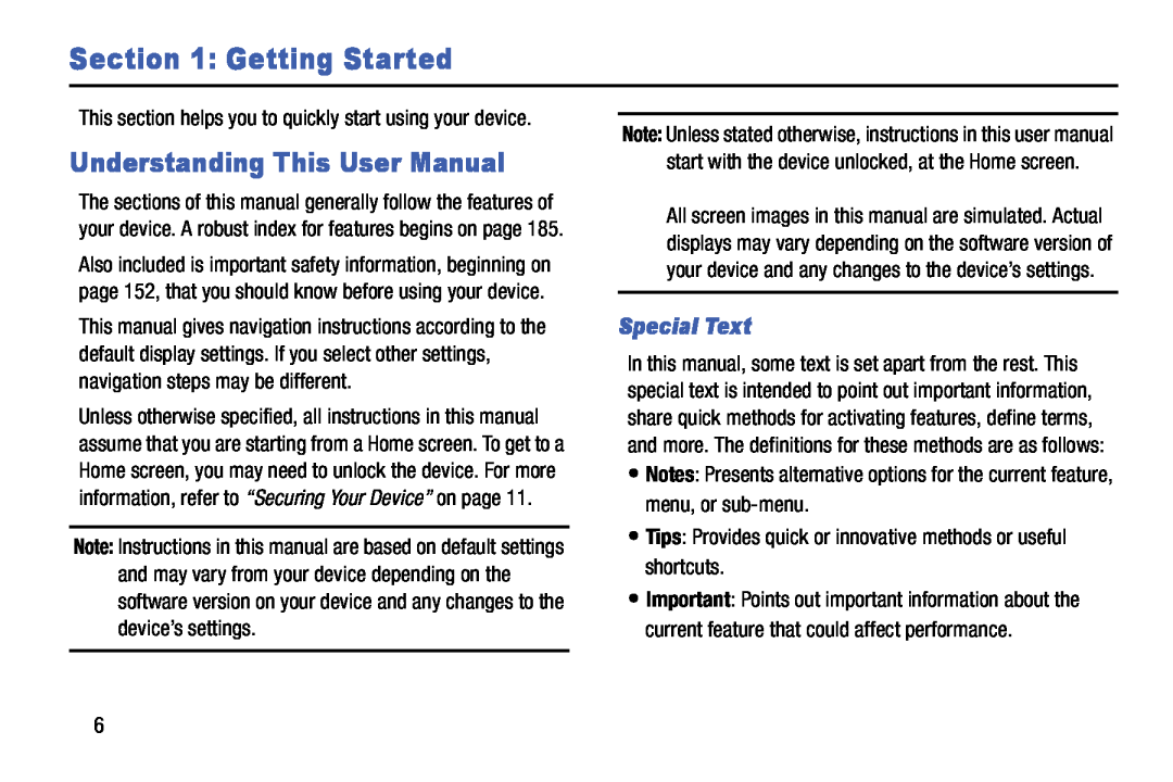 Samsung SM-T520NZWAXAR, SM-T520NZKAXAR user manual Getting Started, Understanding This User Manual, Special Text 