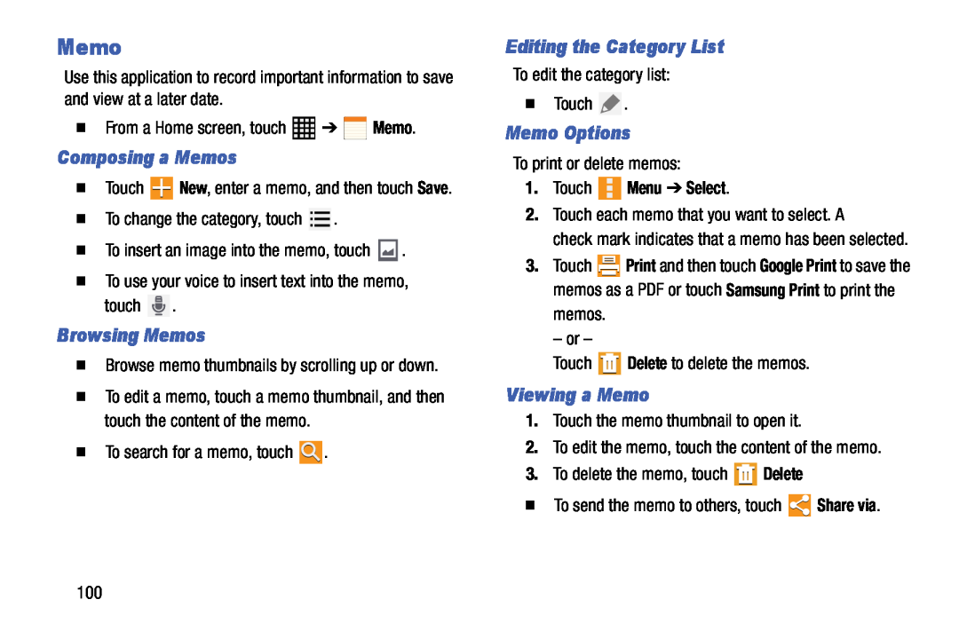 Samsung SM-T520NZWAXAR Composing a Memos, Browsing Memos, Editing the Category List, Memo Options, Viewing a Memo 