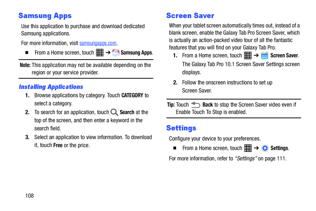Samsung SM-T520NZWAXAR, SM-T520NZKAXAR user manual Samsung Apps, Screen Saver, Settings, Installing Applications 