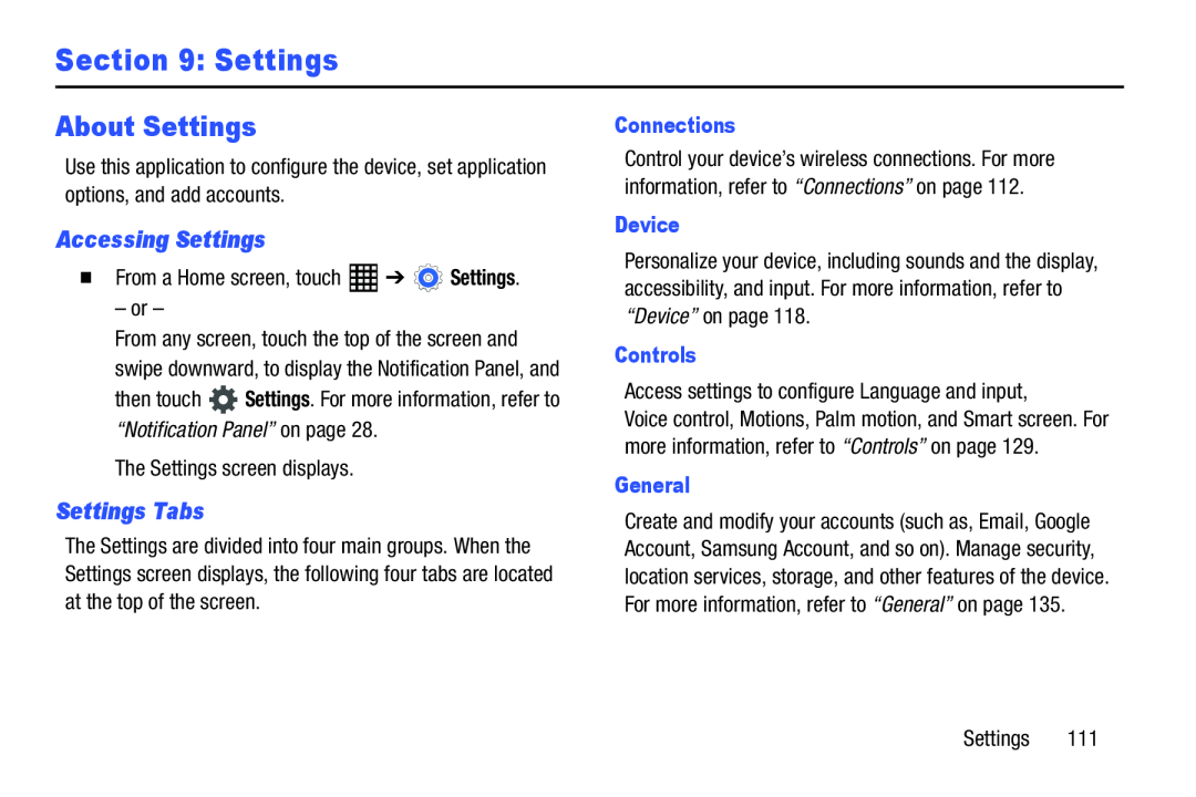 Samsung SM-T520NZKAXAR About Settings, Accessing Settings, Settings Tabs, Connections, Device, Controls, General 