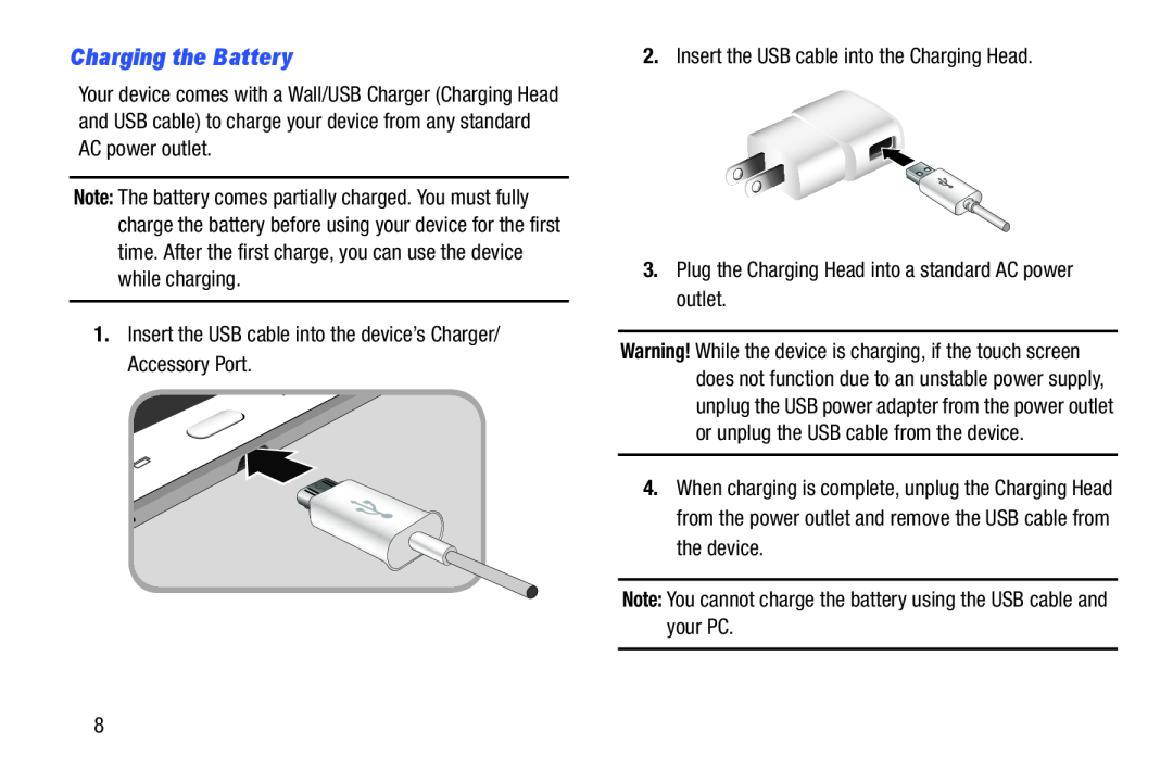 Samsung SM-T520NZWAXAR, SM-T520NZKAXAR user manual Charging the Battery 
