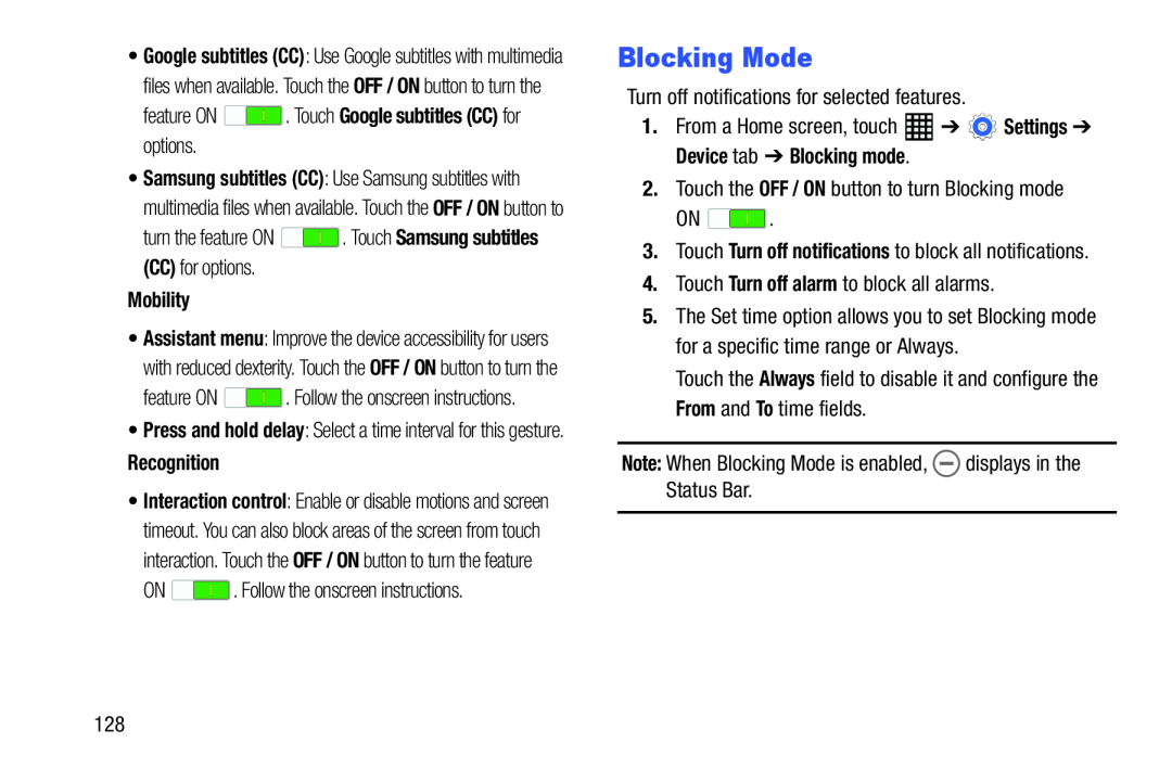 Samsung SM-T520NZWAXAR, SM-T520NZKAXAR user manual Blocking Mode, Mobility, Recognition 