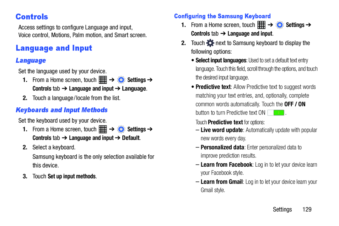 Samsung SM-T520NZKAXAR, SM-T520NZWAXAR user manual Language and Input, Settings, Controls tab Language and input Default 