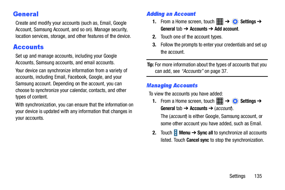 Samsung SM-T520NZKAXAR, SM-T520NZWAXAR user manual General, Adding an Account, Managing Accounts 
