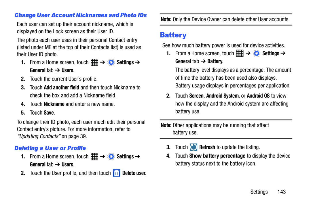 Samsung SM-T520NZKAXAR, SM-T520NZWAXAR user manual Deleting a User or Profile, Battery, General tab Users 
