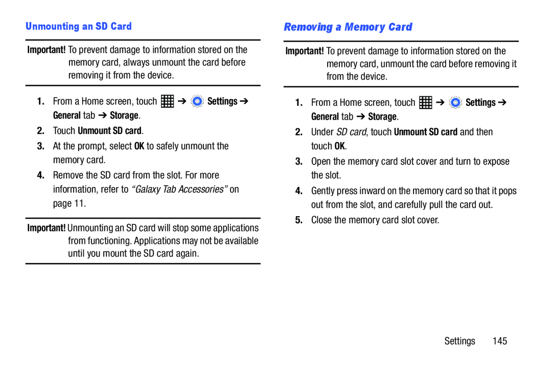 Samsung SM-T520NZKAXAR, SM-T520NZWAXAR user manual Removing a Memory Card, Unmounting an SD Card, Touch Unmount SD card 