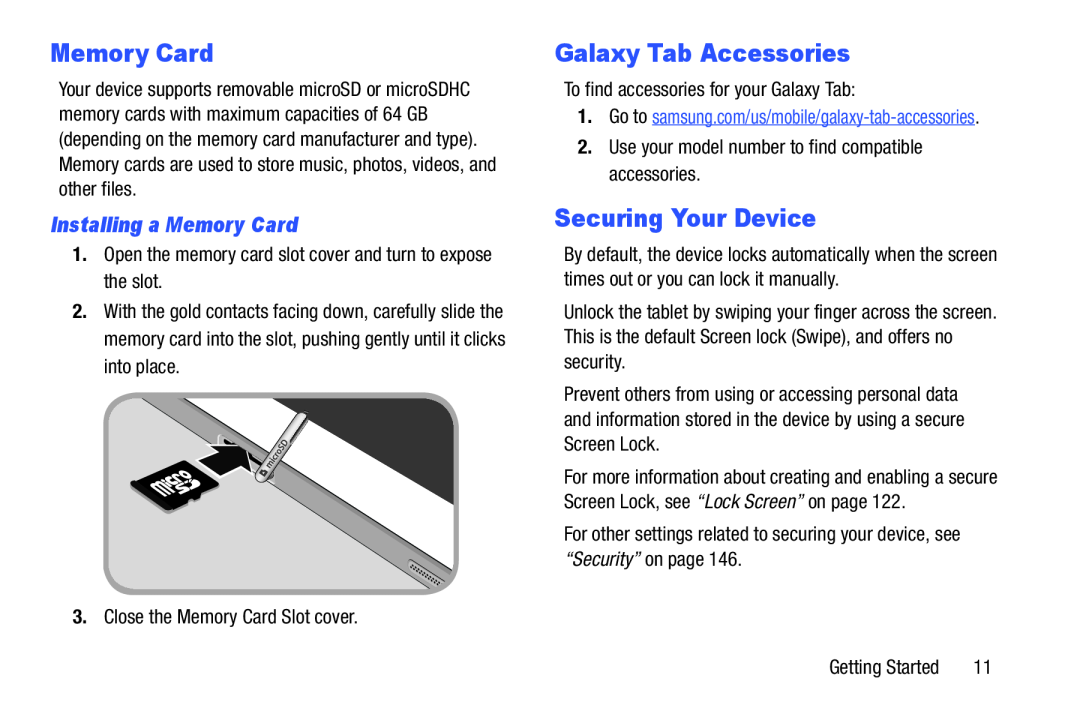 Samsung SM-T520NZKAXAR, SM-T520NZWAXAR Galaxy Tab Accessories, Securing Your Device, Installing a Memory Card 
