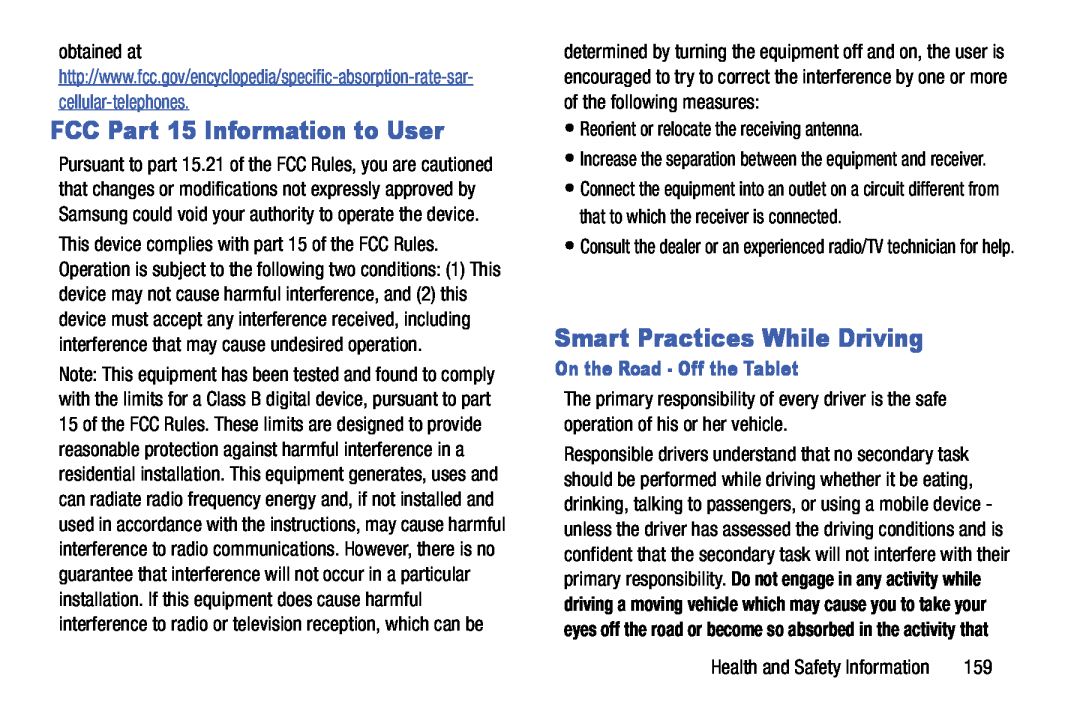 Samsung SM-T520NZKAXAR FCC Part 15 Information to User, Smart Practices While Driving, On the Road - Off the Tablet 