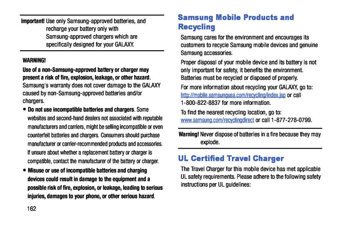 Samsung SM-T520NZWAXAR, SM-T520NZKAXAR user manual Samsung Mobile Products and Recycling, UL Certified Travel Charger 