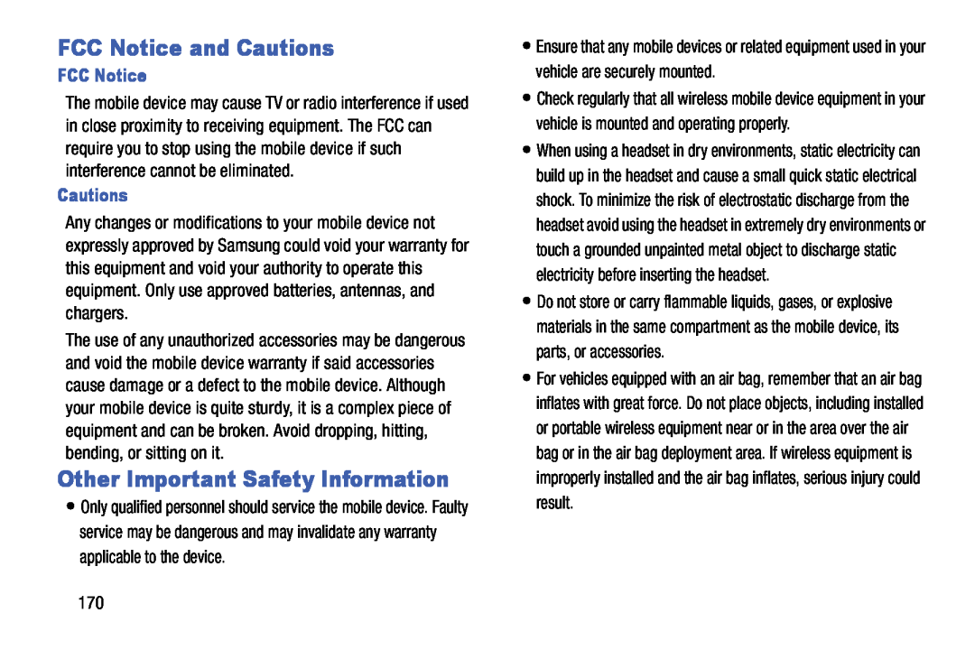 Samsung SM-T520NZWAXAR, SM-T520NZKAXAR user manual FCC Notice and Cautions, Other Important Safety Information 