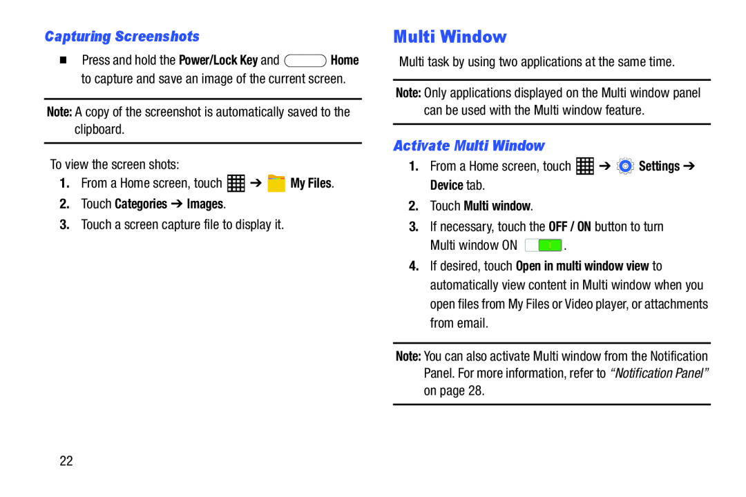 Samsung SM-T520NZWAXAR user manual Capturing Screenshots, Activate Multi Window, Touch Categories Images, Device tab 