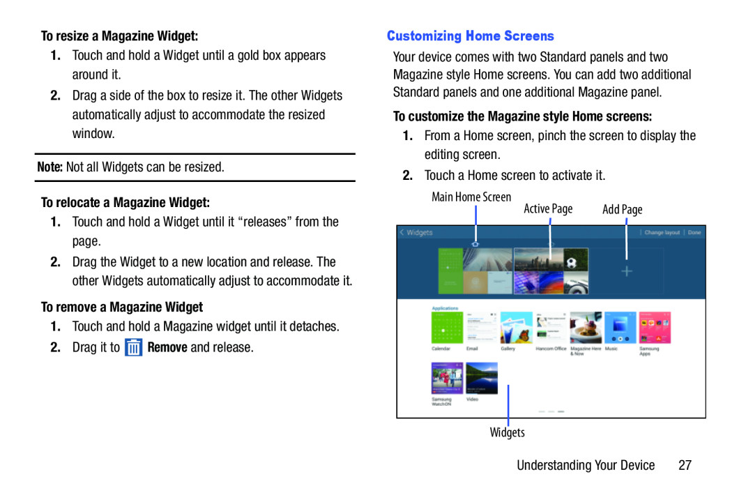Samsung SM-T520NZKAXAR user manual To resize a Magazine Widget, To relocate a Magazine Widget, To remove a Magazine Widget 