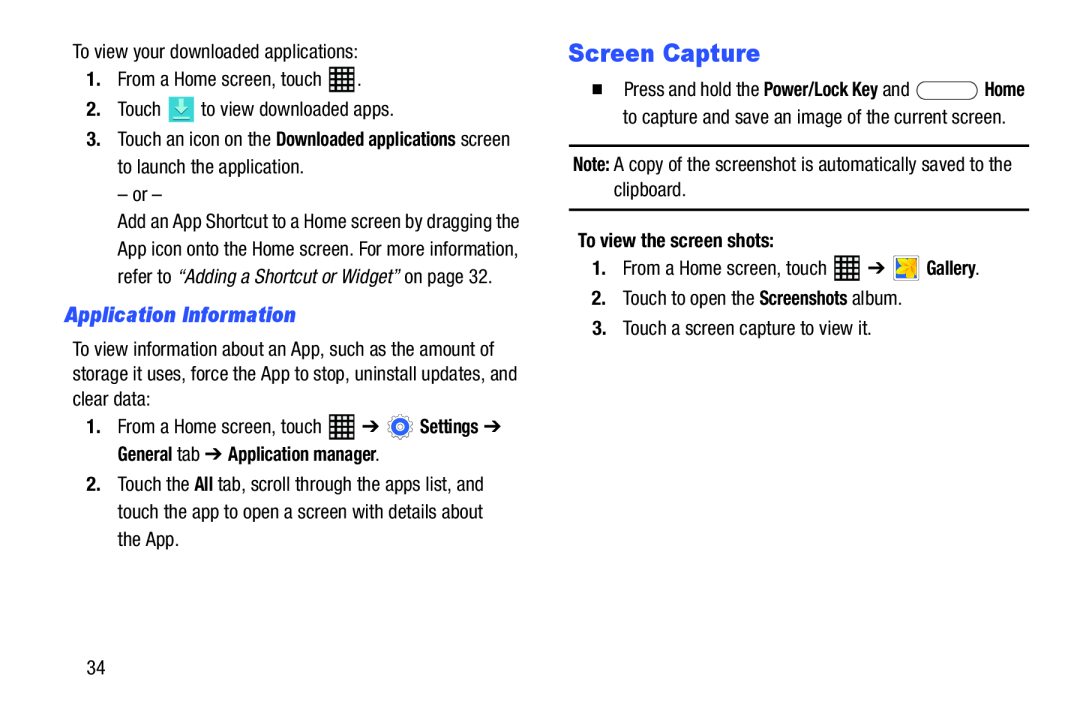 Samsung SM-T520NZWAXAR, SM-T520NZKAXAR user manual Screen Capture, Application Information, To view the screen shots 