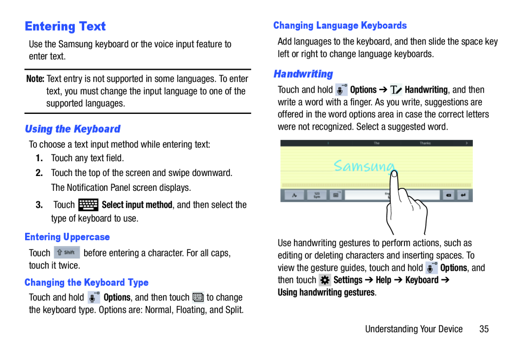 Samsung SM-T520NZKAXAR Entering Text, Using the Keyboard, Handwriting, Entering Uppercase, Changing the Keyboard Type 