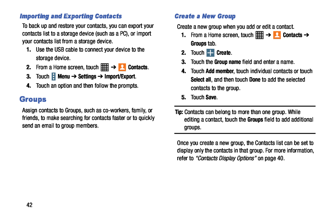 Samsung SM-T520NZWAXAR Groups, Importing and Exporting Contacts, Create a New Group, Touch Menu Settings Import/Export 