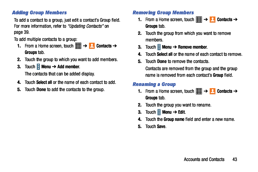 Samsung SM-T520NZKAXAR user manual Adding Group Members, Removing Group Members, Renaming a Group, Touch Menu Add member 