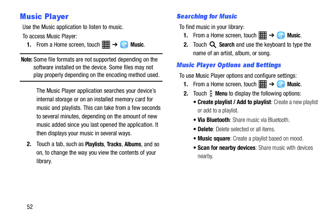 Samsung SM-T520NZWAXAR, SM-T520NZKAXAR user manual Searching for Music, Music Player Options and Settings 