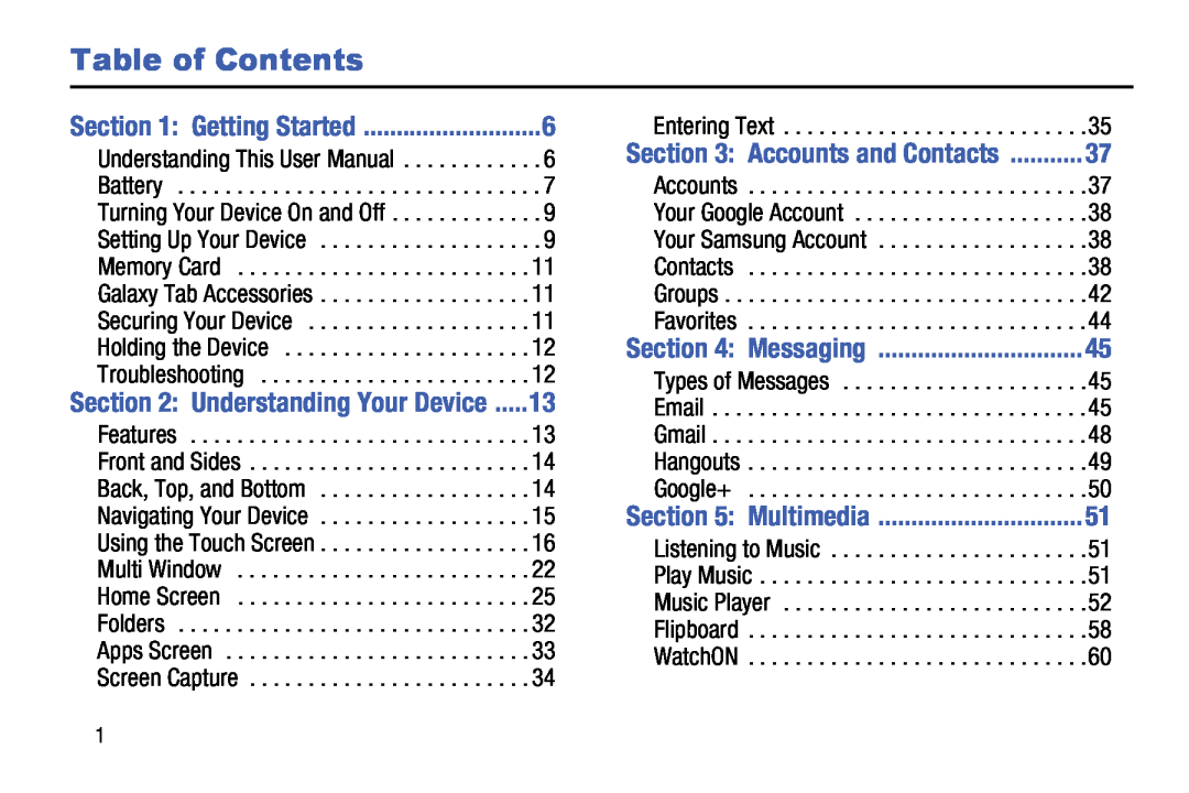 Samsung SM-T520NZWAXAR, SM-T520NZKAXAR user manual Table of Contents, Getting Started, Messaging, Multimedia 